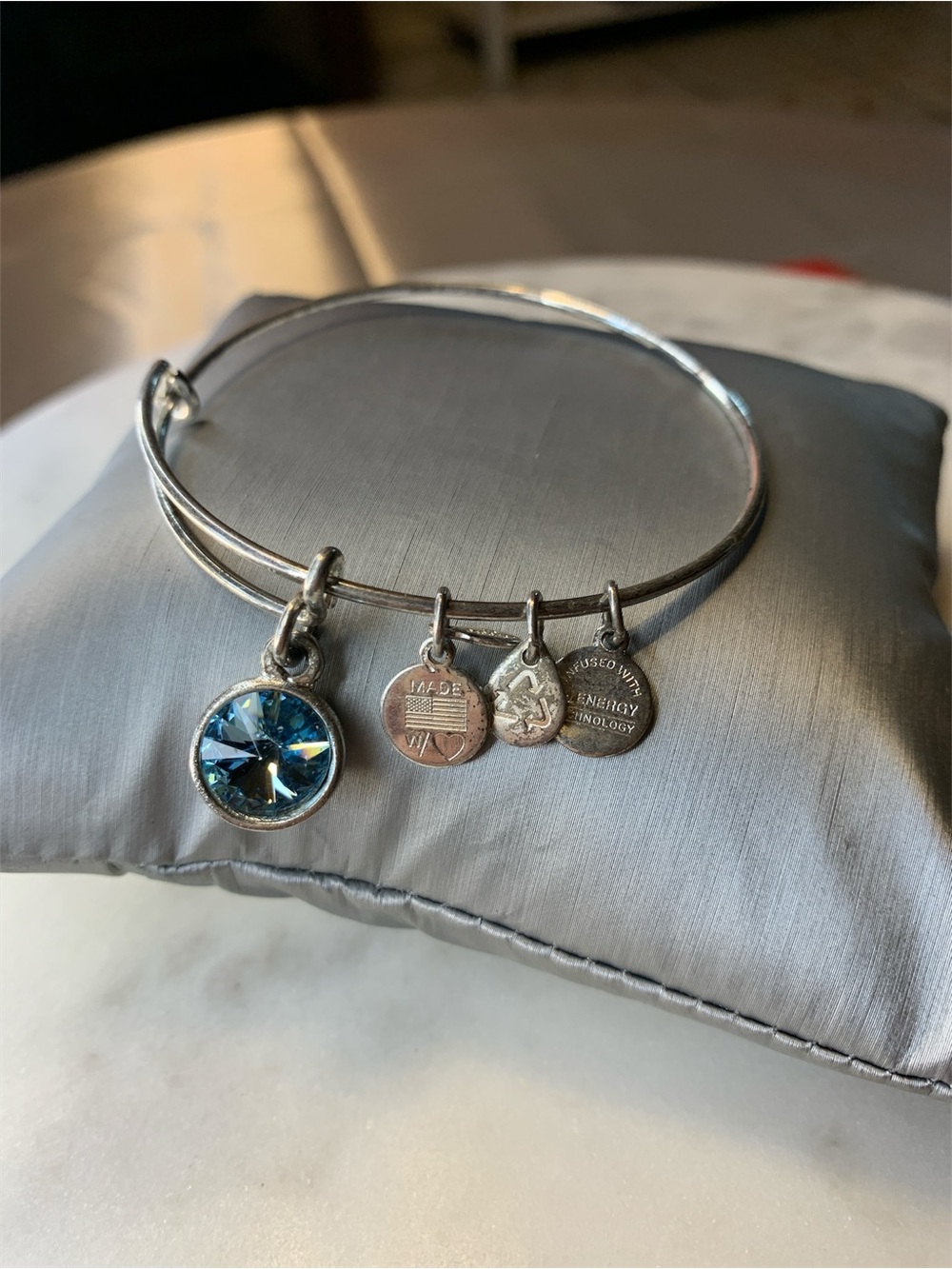 Alex and Ani Silver Bracelet with Blue Crystal Charm